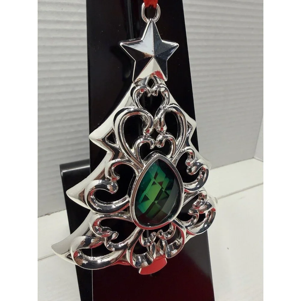 Lenox Bejeweled Christmas Tree Ornament Silverplate With Green Gem